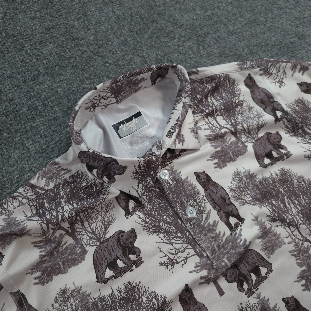 Waggle Polo Shirt Mens L White Grizzly Bear Print Performance Golf Stretch